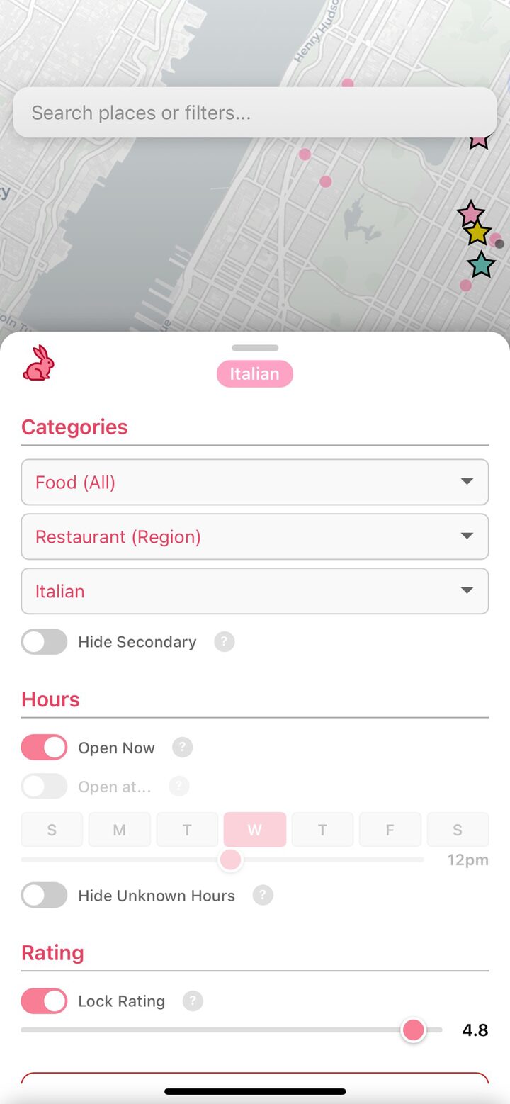 HopTuu's filter panel with categories, hours, and rating controls